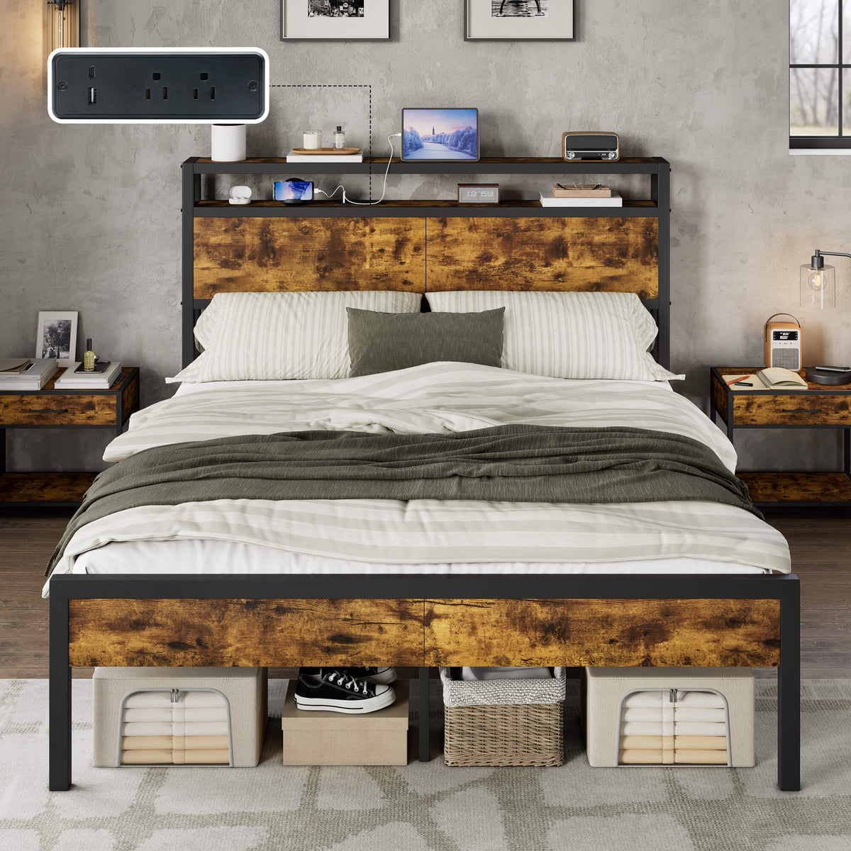 Mello Industrial Bed Frame with Storage & Charging - Q-DarkBrown