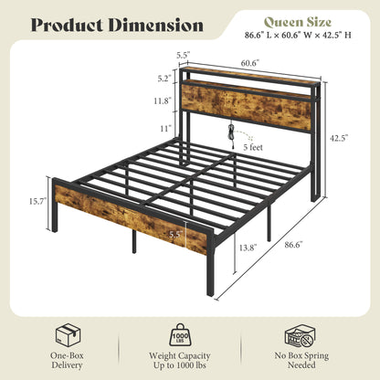 Mello Industrial Bed Frame with Storage & Charging - Q-DarkBrown