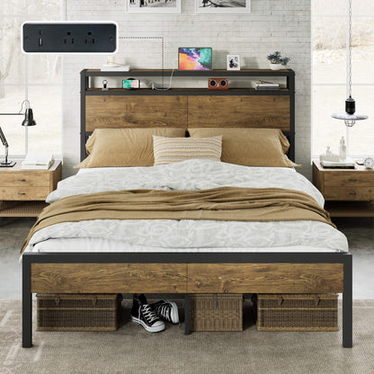 Mello Industrial Bed Frame with Storage & Charging - Q-RusticBrown