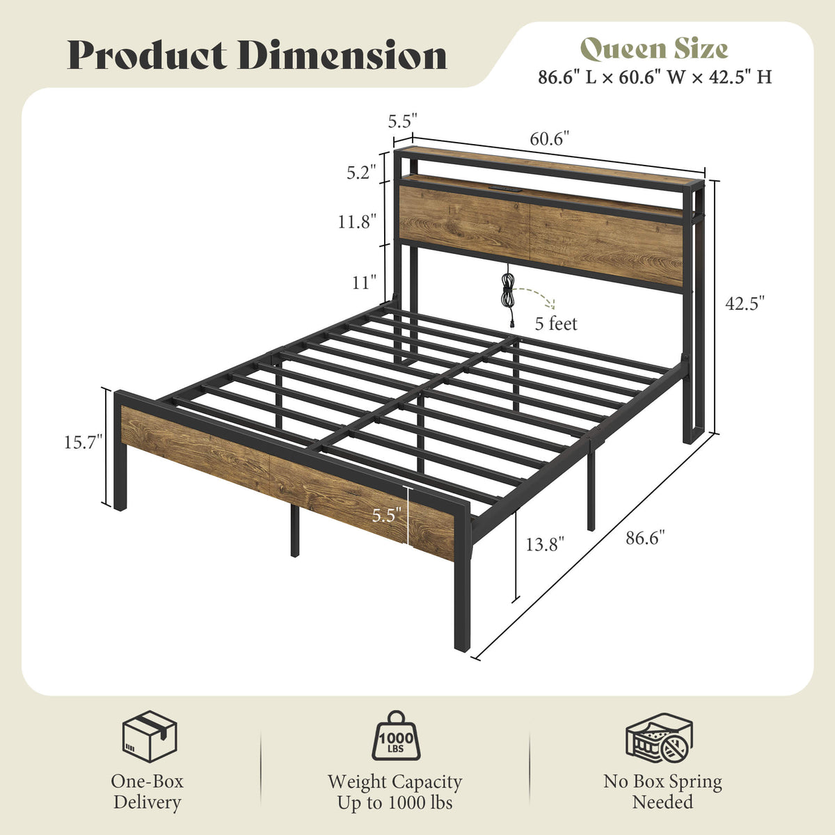 Mello Industrial Bed Frame with Storage & Charging - Q-RusticBrown