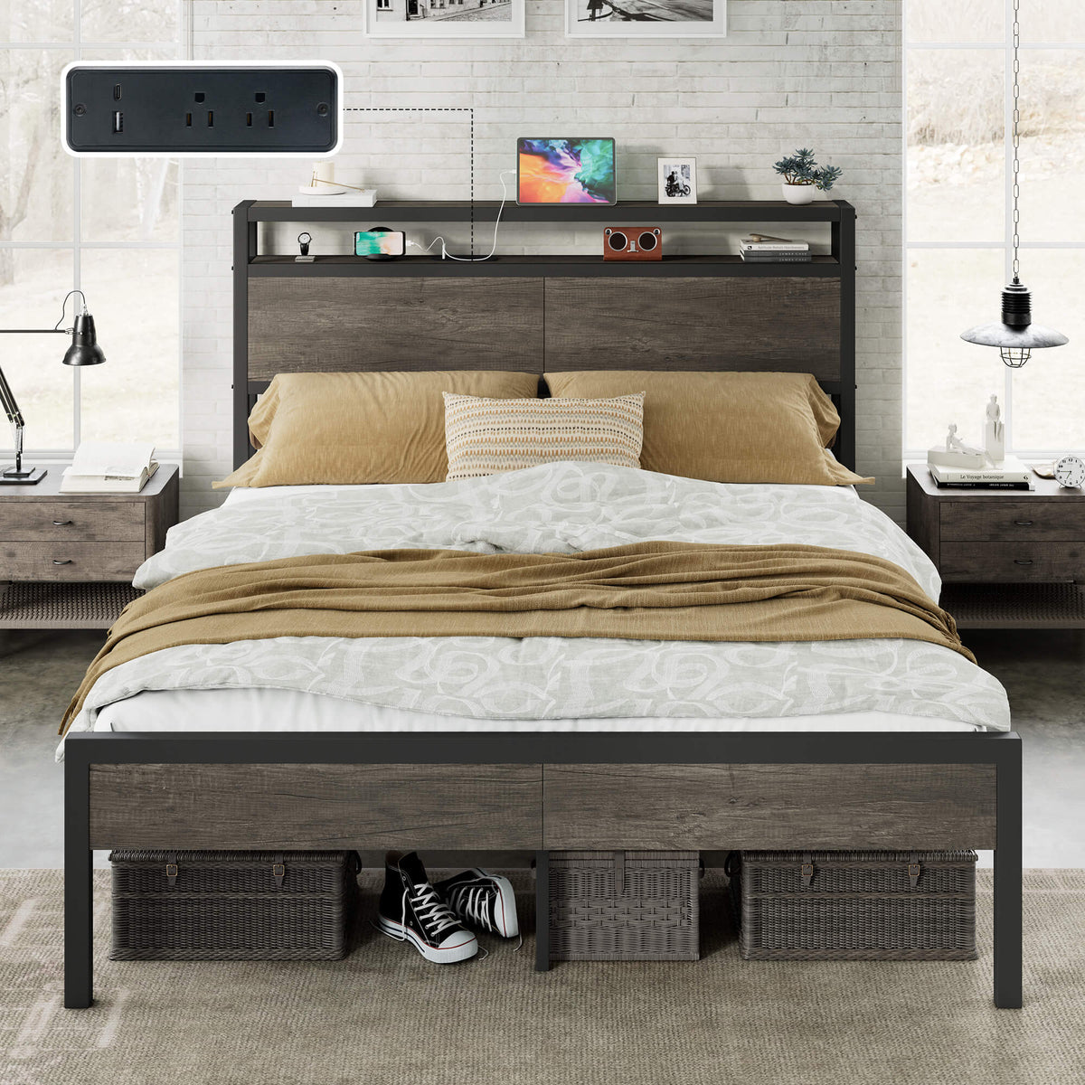 Mello Industrial Bed Frame with Storage & Charging - Q-RusticGrey
