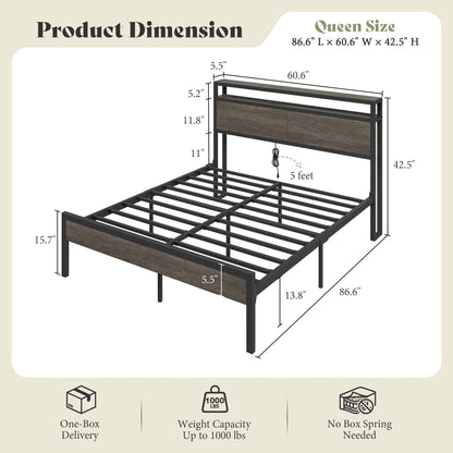Mello Industrial Bed Frame with Storage & Charging - Q-RusticGrey