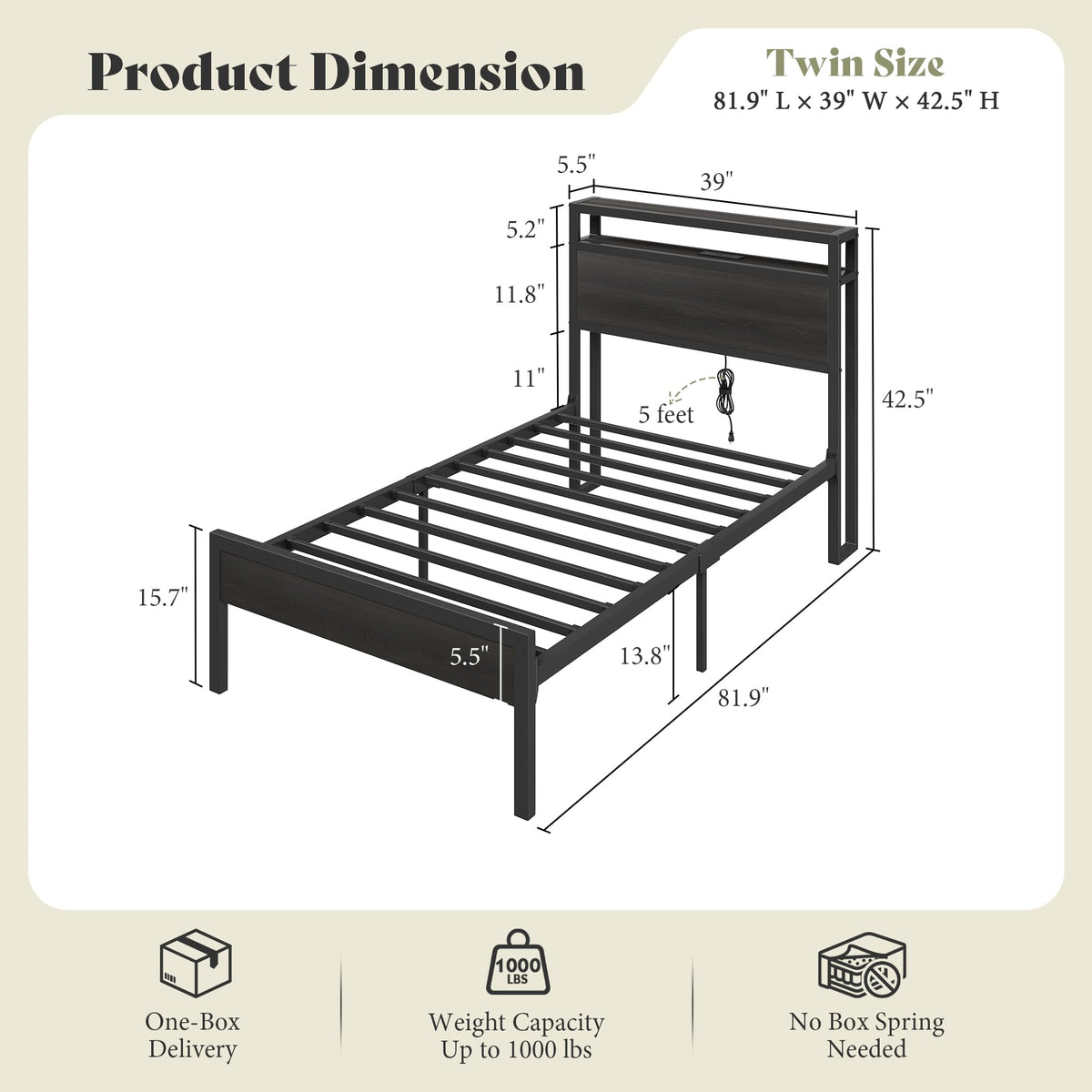 Mello Industrial Bed Frame with Storage & Charging - T-Black