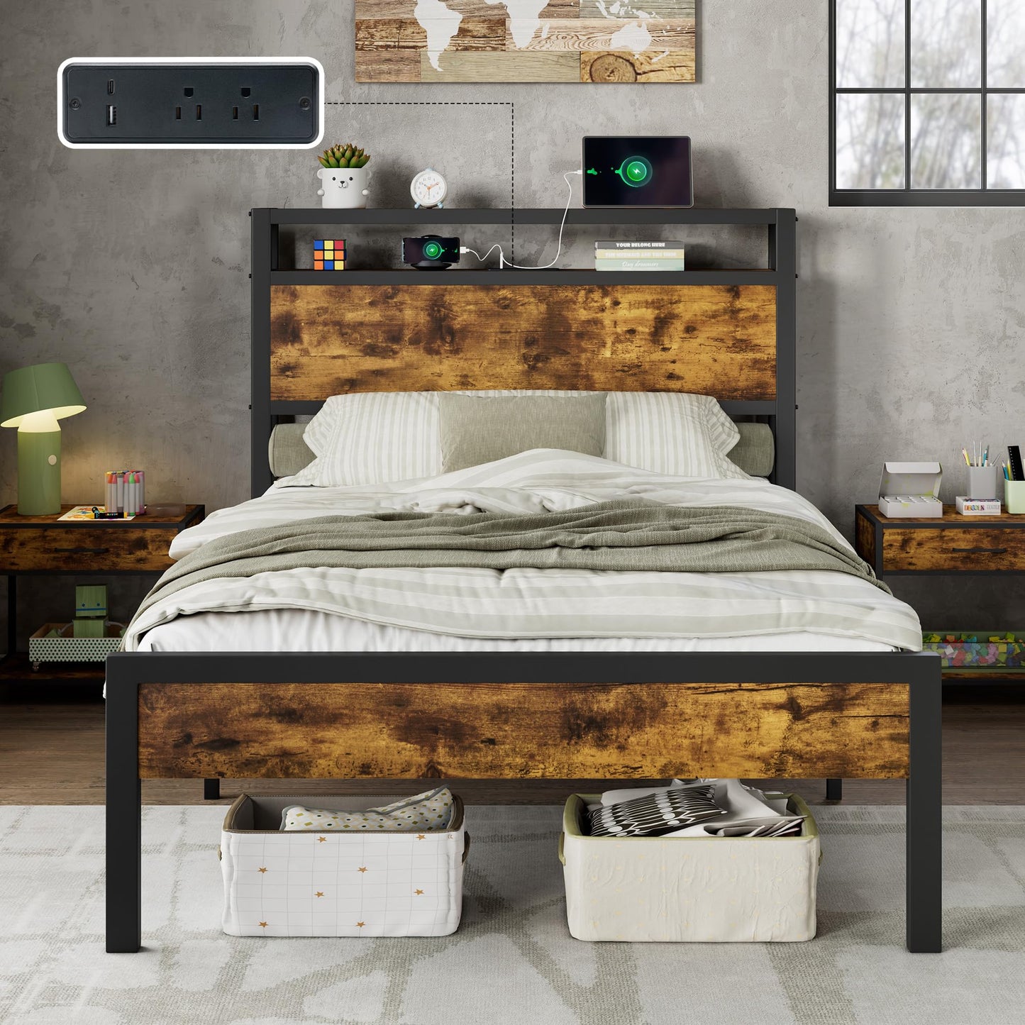 Mello Industrial Bed Frame with Storage & Charging - T-DarkBrown