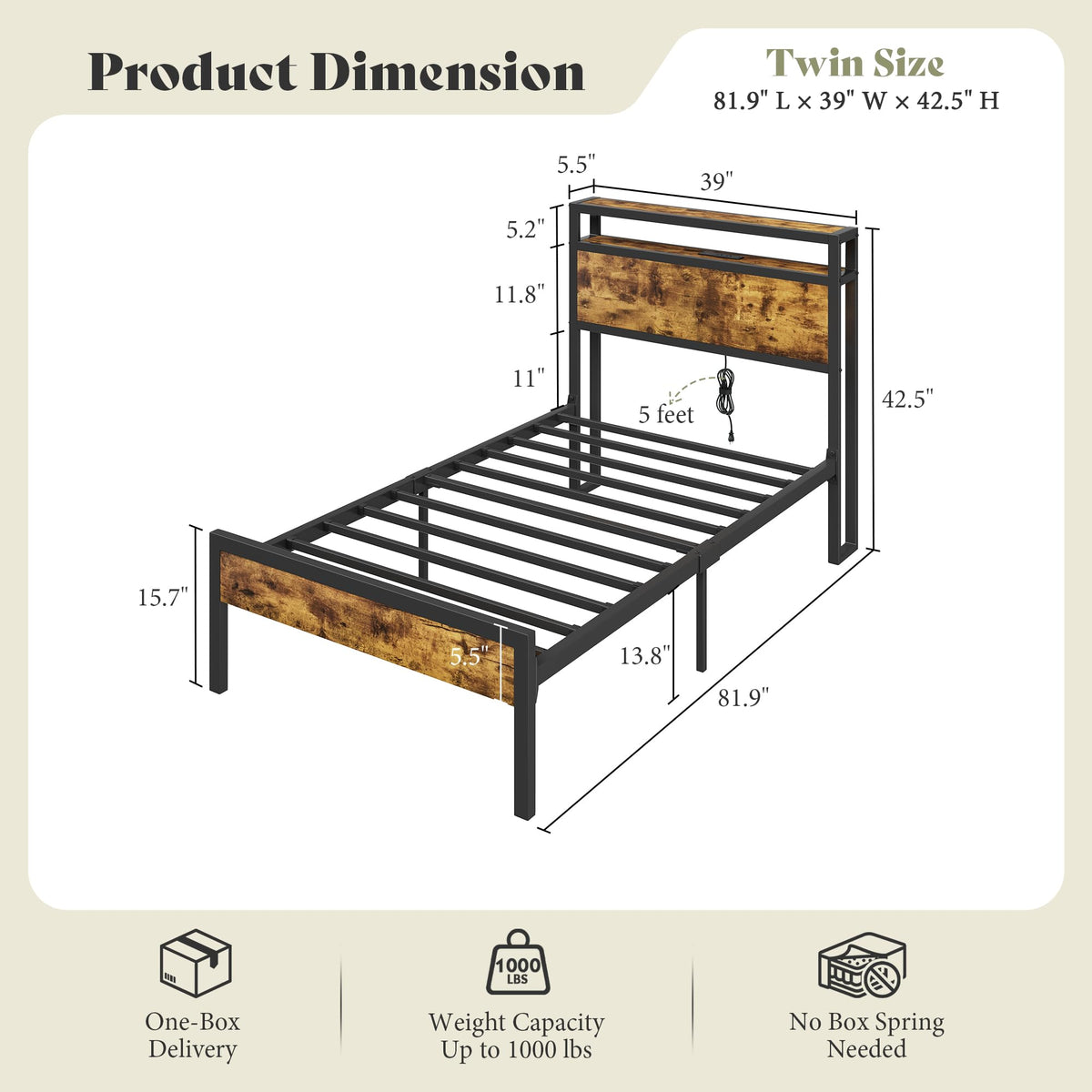 Mello Industrial Bed Frame with Storage & Charging - T-DarkBrown