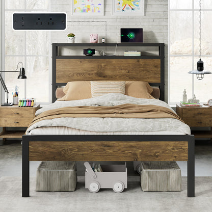 Mello Industrial Bed Frame with Storage & Charging - T-RusticBrown