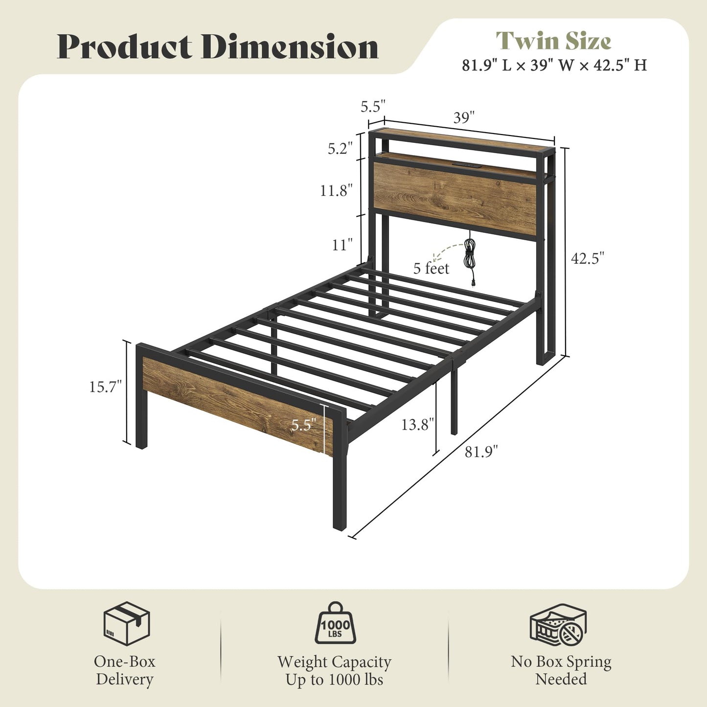 Mello Industrial Bed Frame with Storage & Charging - T-RusticBrown