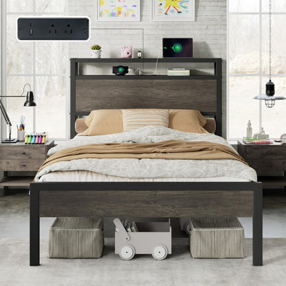 Mello Industrial Bed Frame with Storage & Charging - T-RusticGrey
