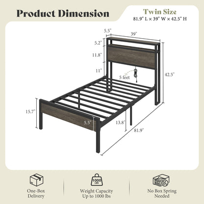 Mello Industrial Bed Frame with Storage & Charging - T-RusticGrey