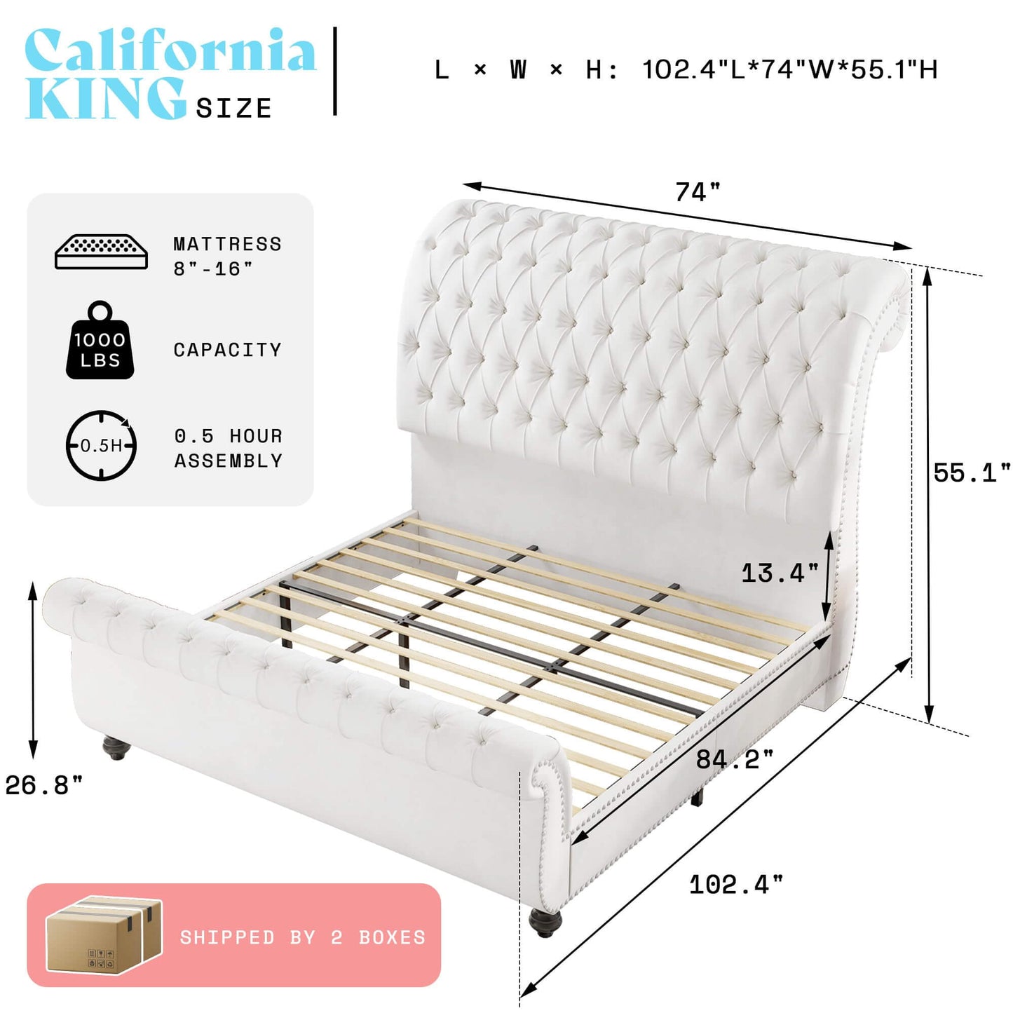 Windsor Sleigh Bed Frame -White