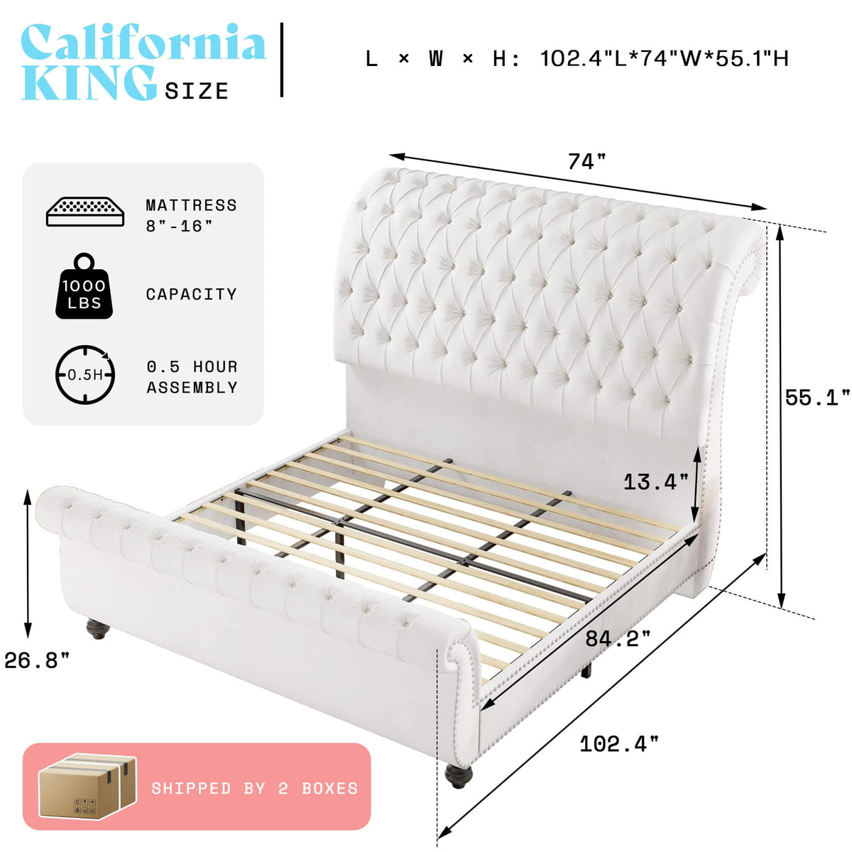 Windsor Sleigh Bed Frame -White