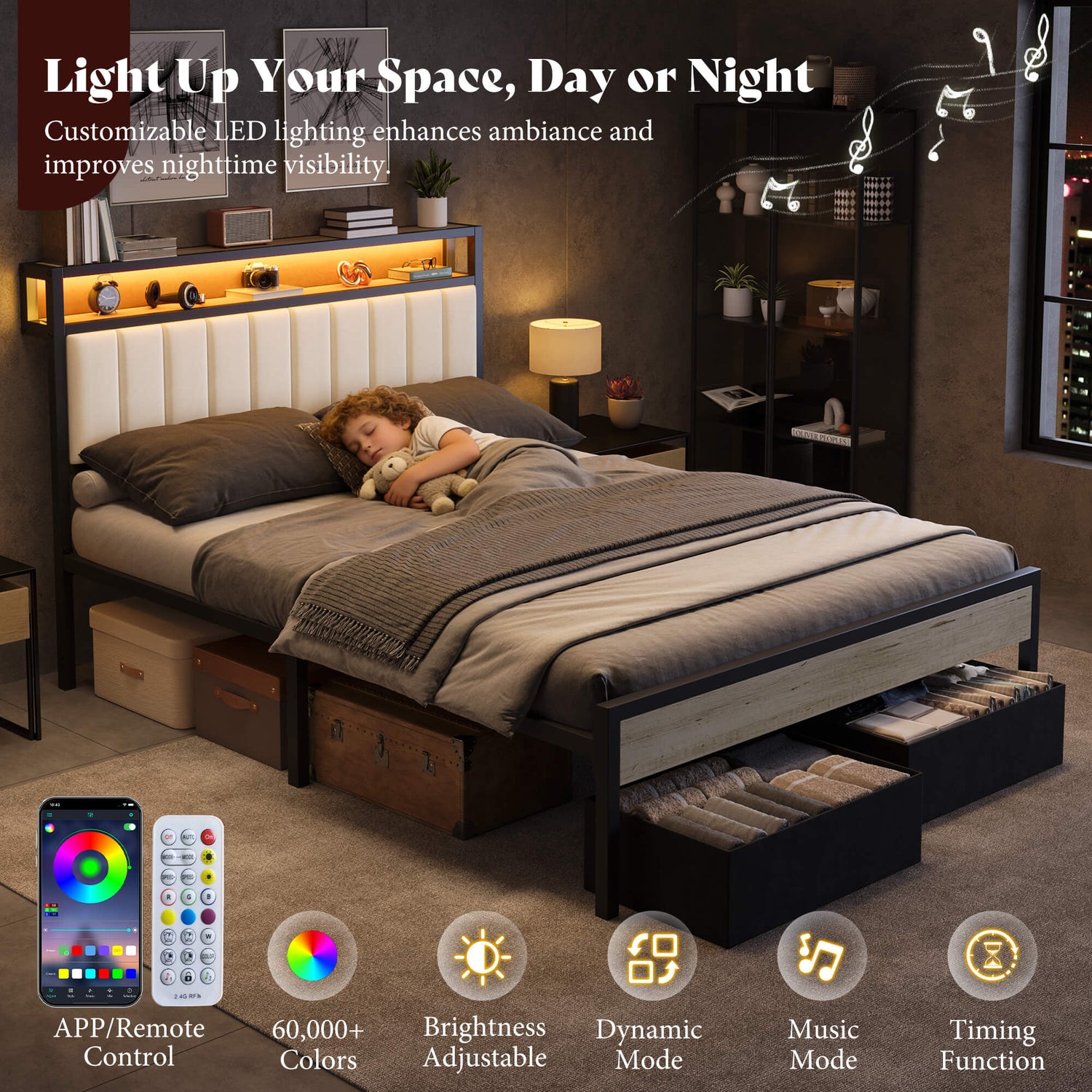 Veltrix LED Storage Velvet Bed Frame Amerlife Queen / White
