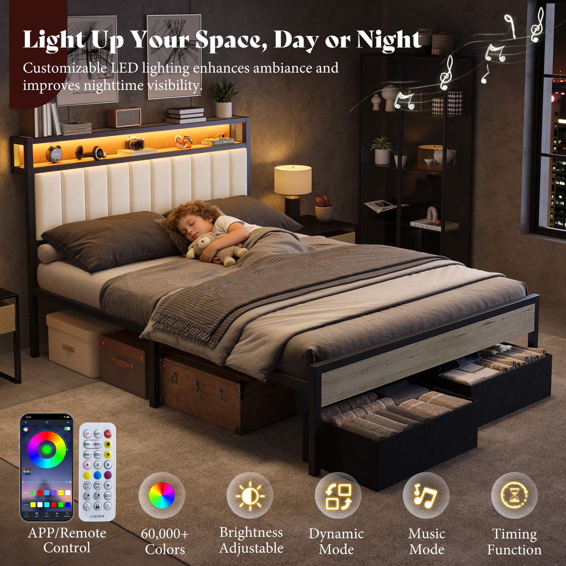 Veltrix LED Storage Velvet Bed Frame Amerlife Queen / White