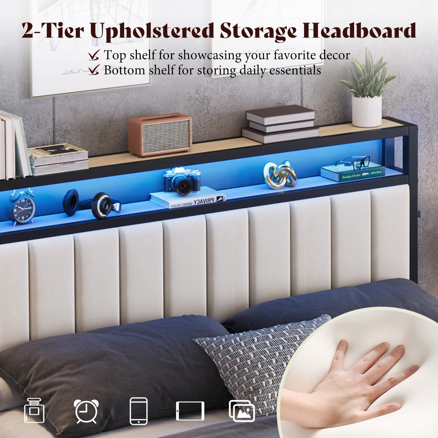 Veltrix LED Storage Velvet Bed Frame Amerlife Queen / White