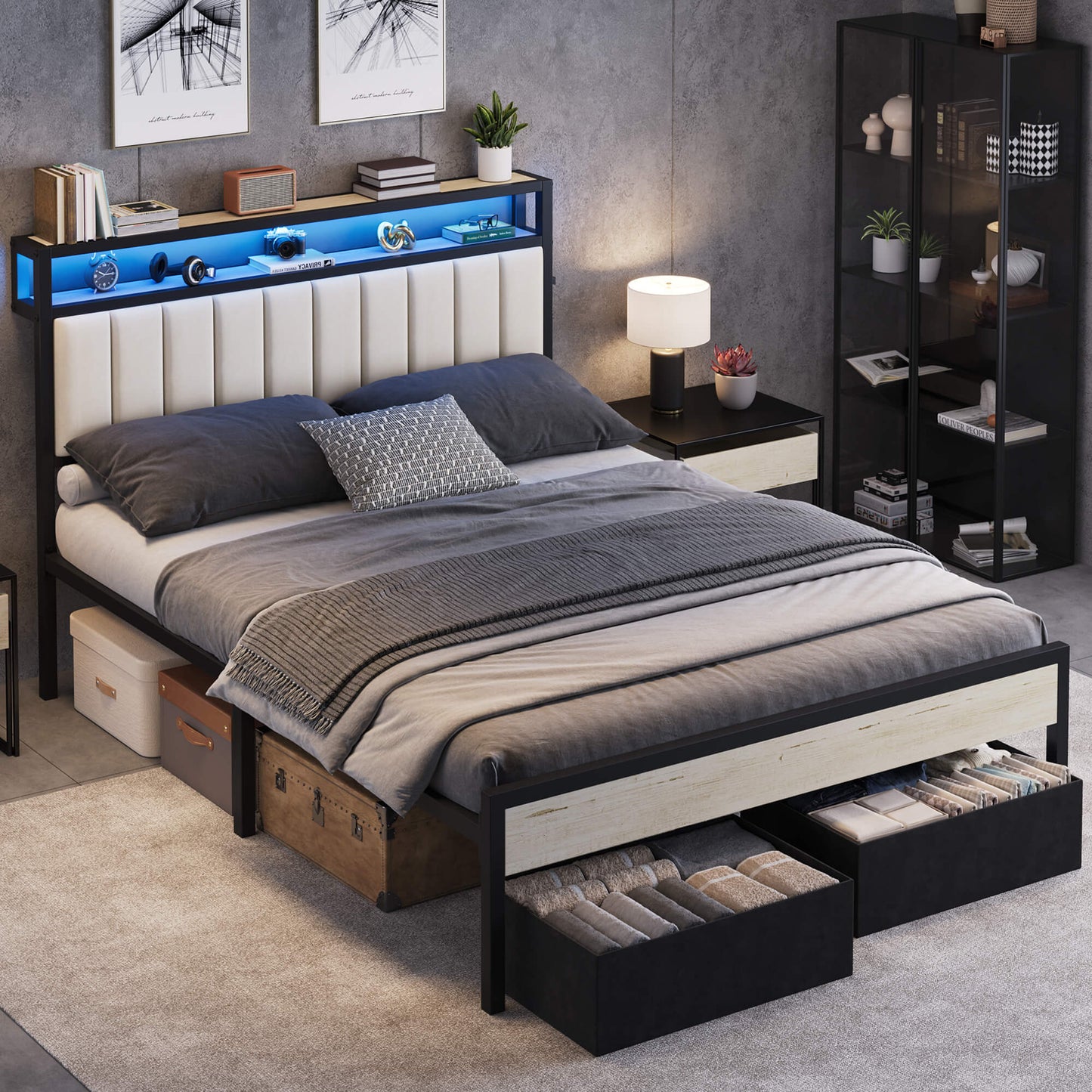Veltrix LED Storage Velvet Bed Frame Amerlife Queen / White
