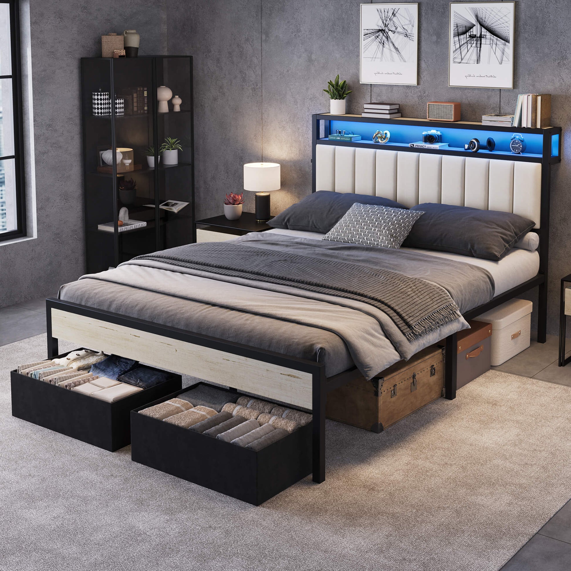 Veltrix LED Storage Velvet Bed Frame Amerlife Queen / White