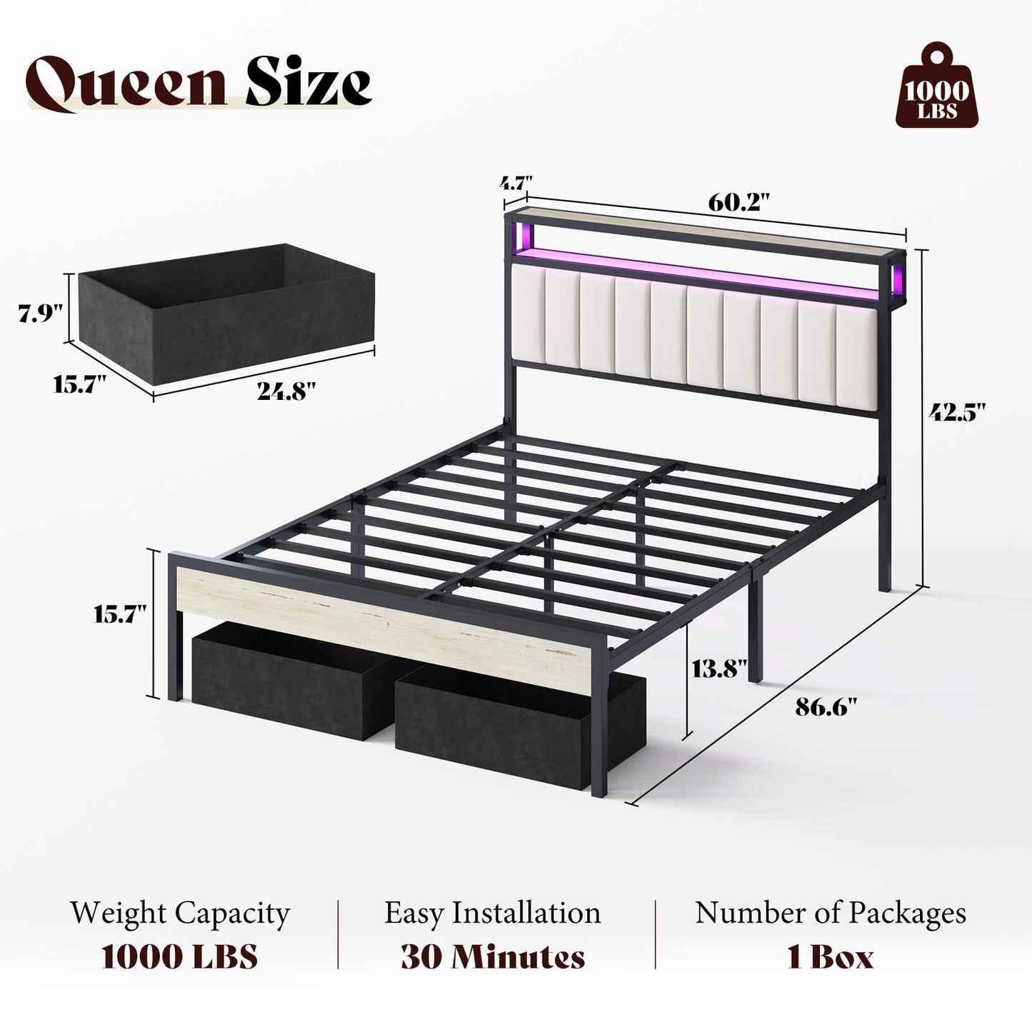 Veltrix LED Storage Velvet Bed Frame Amerlife Queen / White