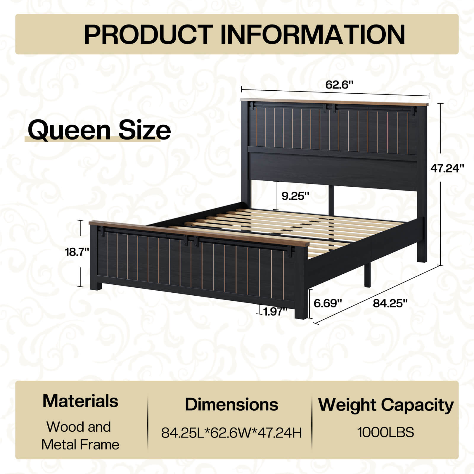 Tennyson Storage Wooden Bed Frame-Queen(Black)