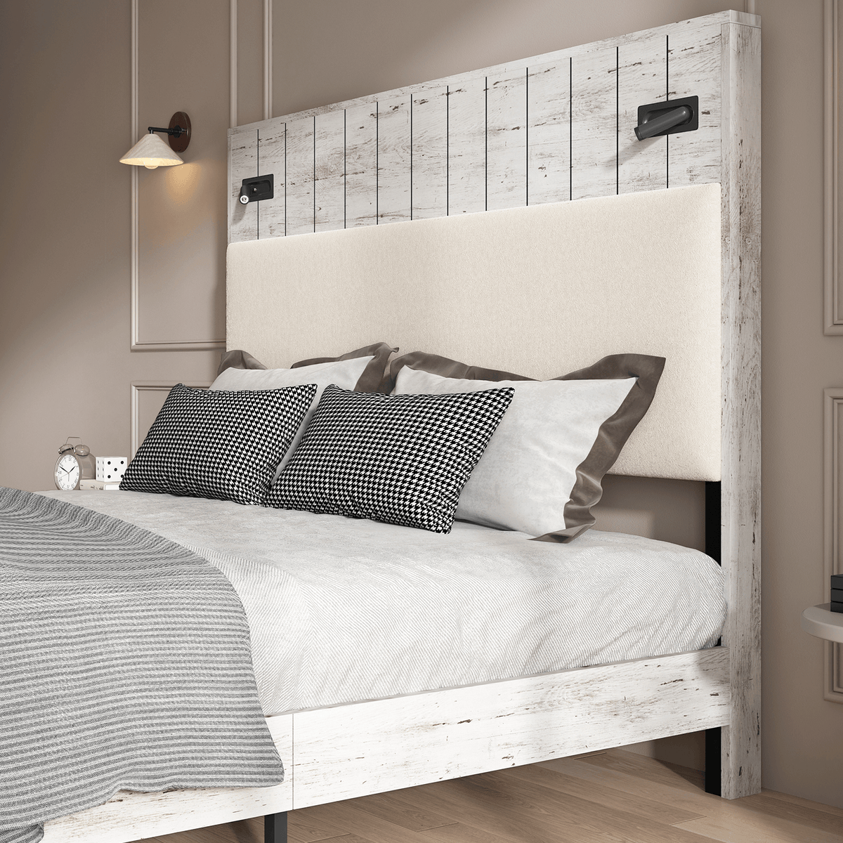 Edison Bed Frame with Reading Lights - Pale White