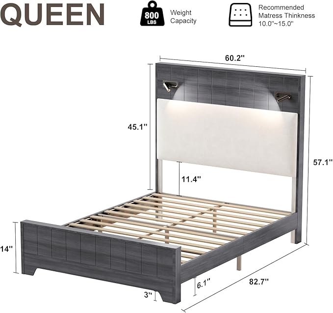 Edison Bed Frame with Reading Lights - Smoky Grey