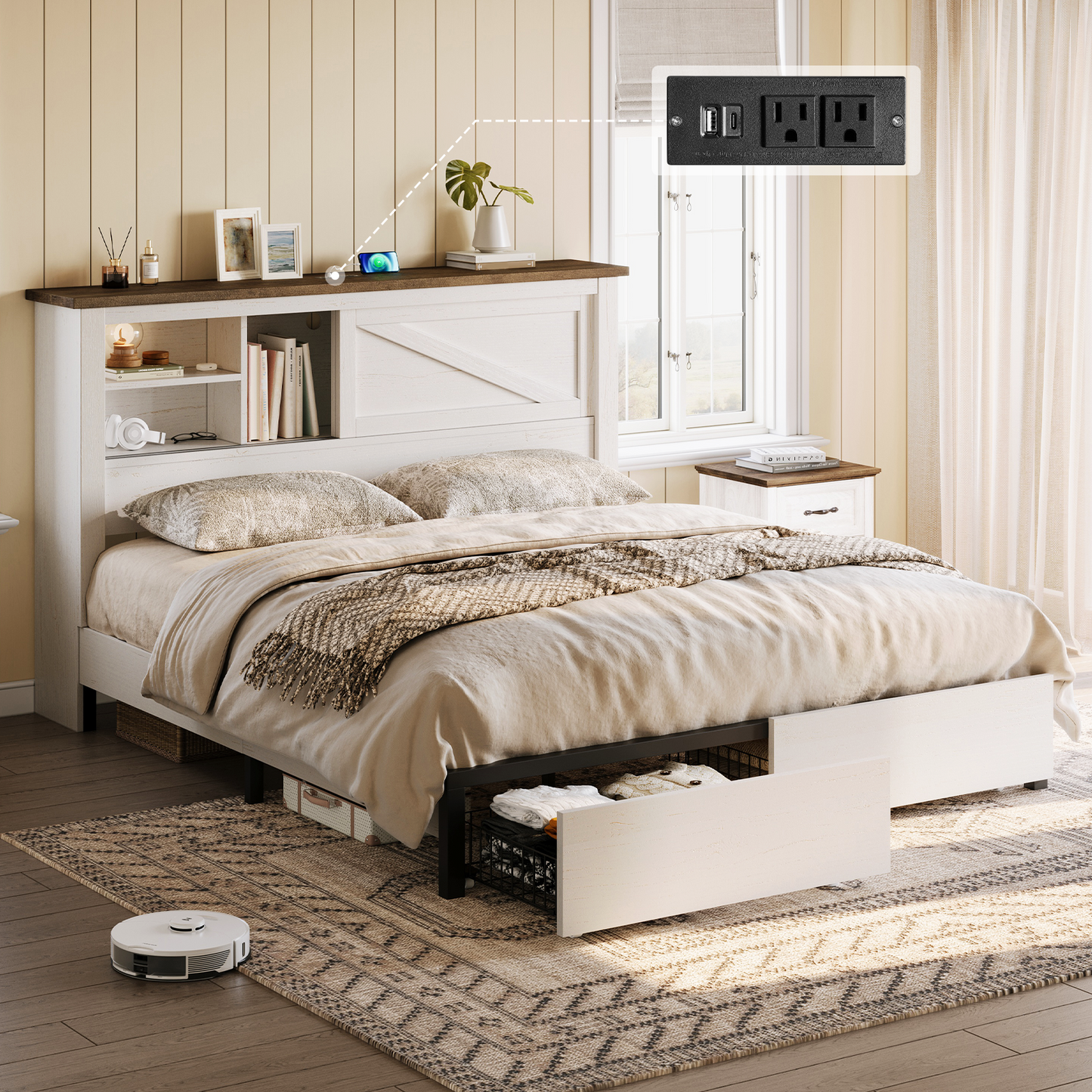 Huxley 47.2"H Storage Bed Frame -?White & Barnwood