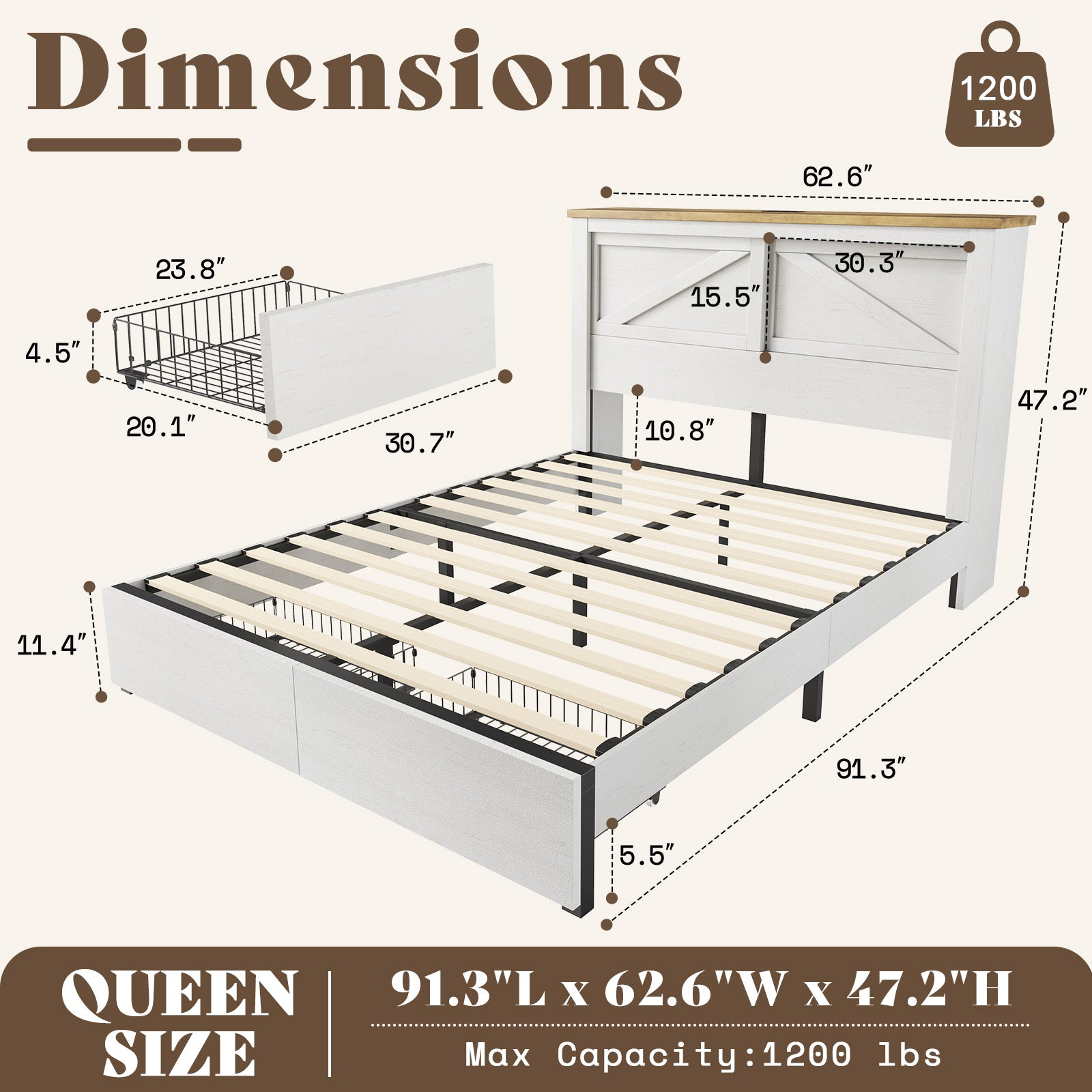 Huxley 47.2"H Storage Bed Frame -?White & Barnwood