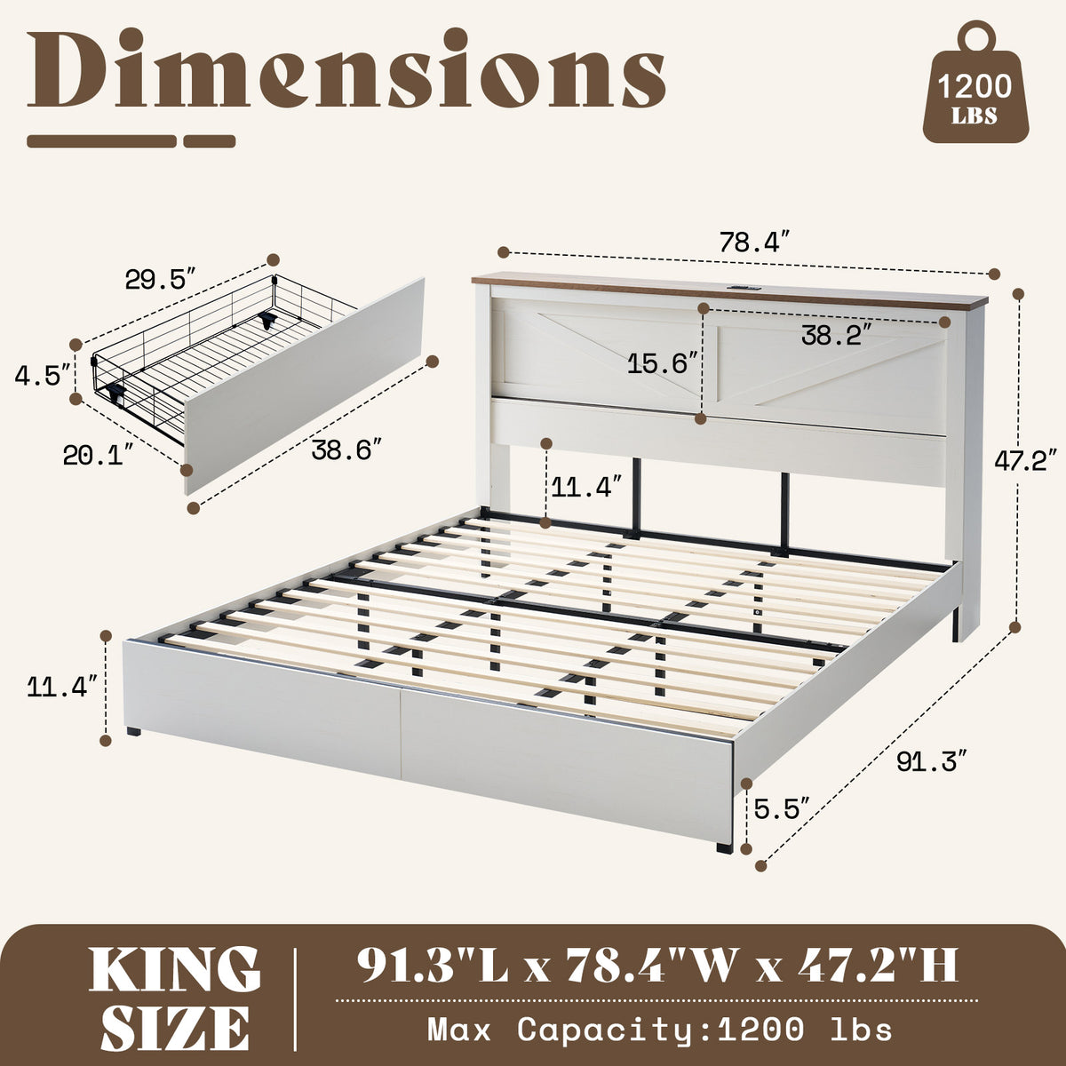 Huxley 47.2"H Storage Bed Frame -?White & Barnwood