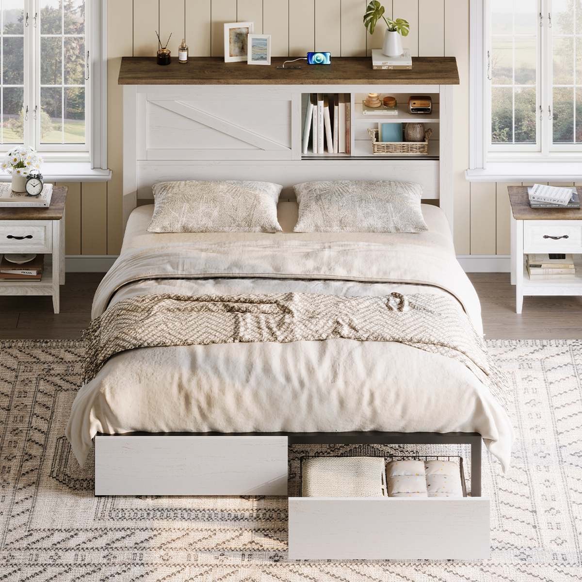 Huxley 47.2"H Storage Bed Frame -?White & Barnwood