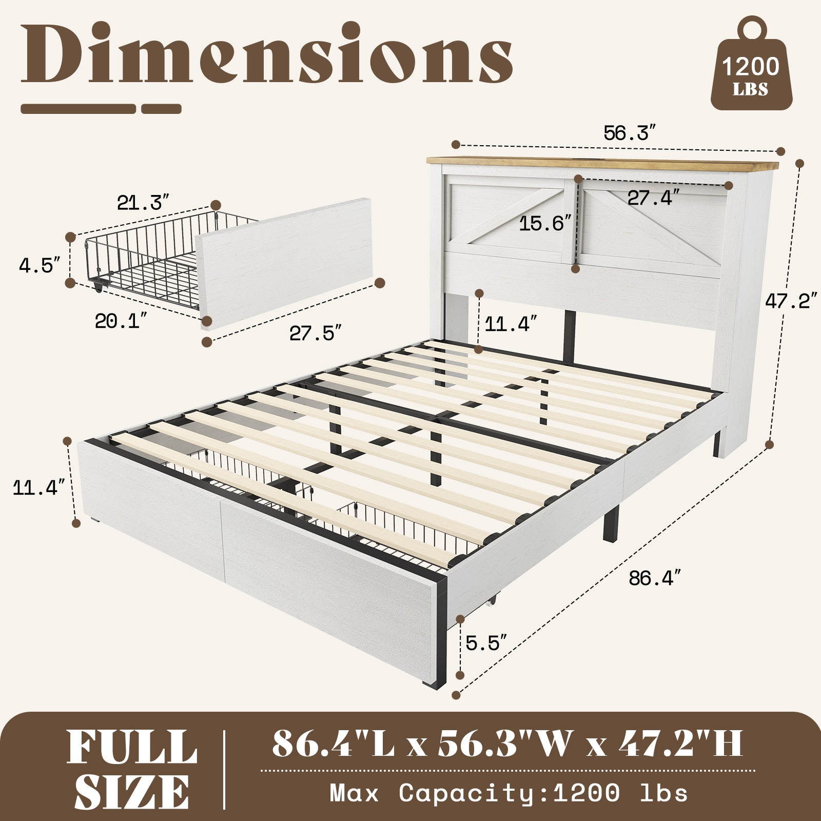 Huxley 47.2"H Storage Bed Frame -?White & Barnwood