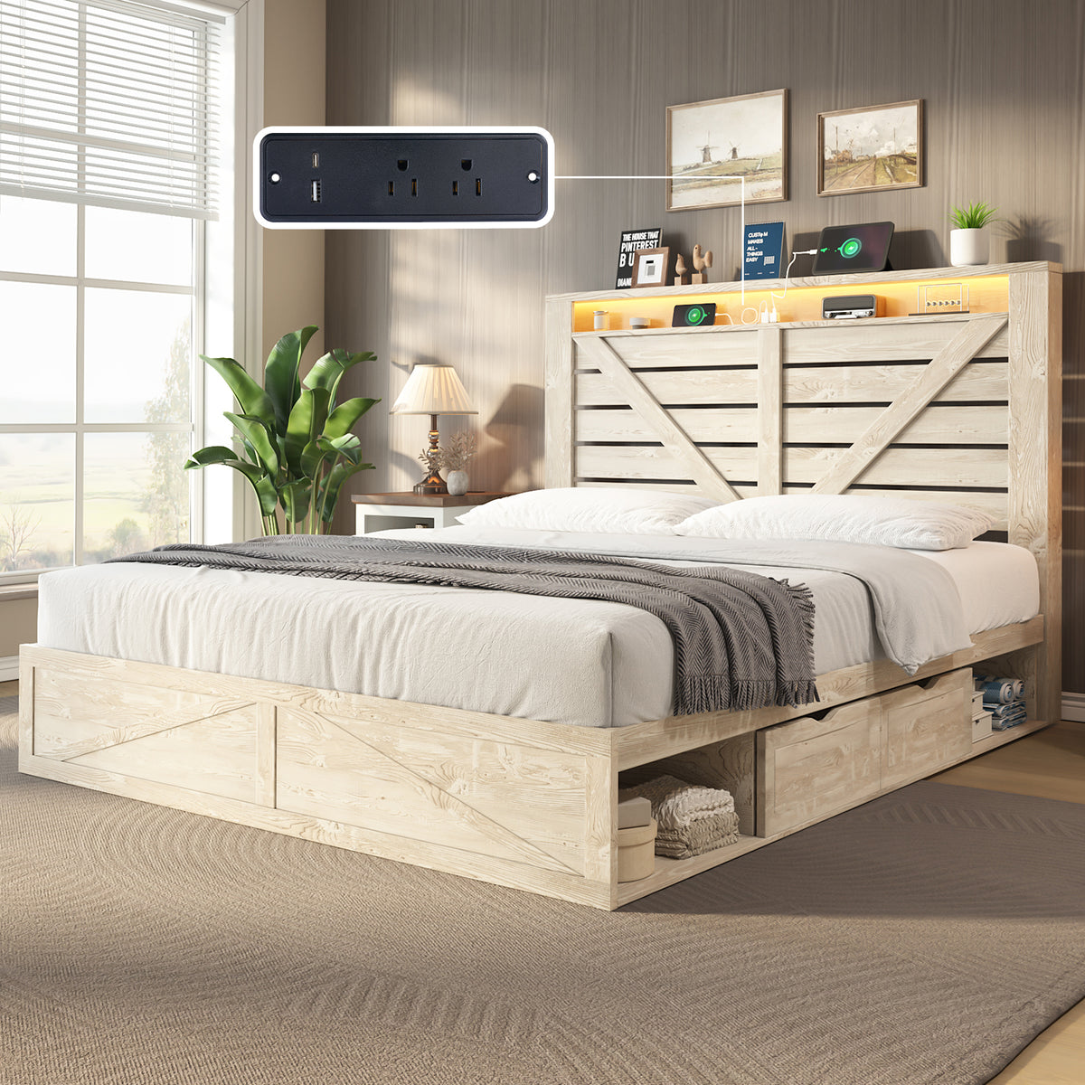 Ruston Storage Bed Frame -?Rustic White