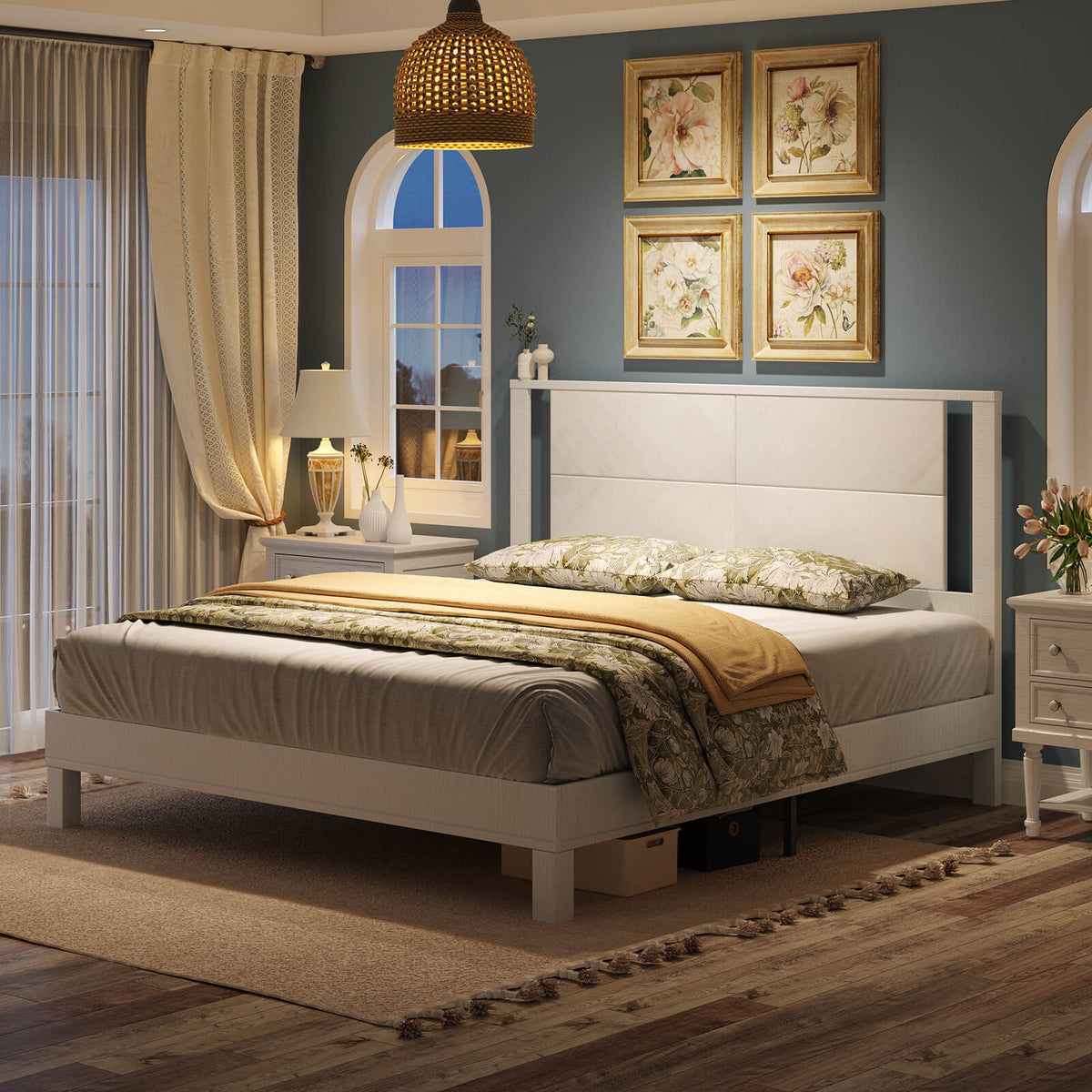 Lunel Queen Solid Wood Bed Frame-Antique White