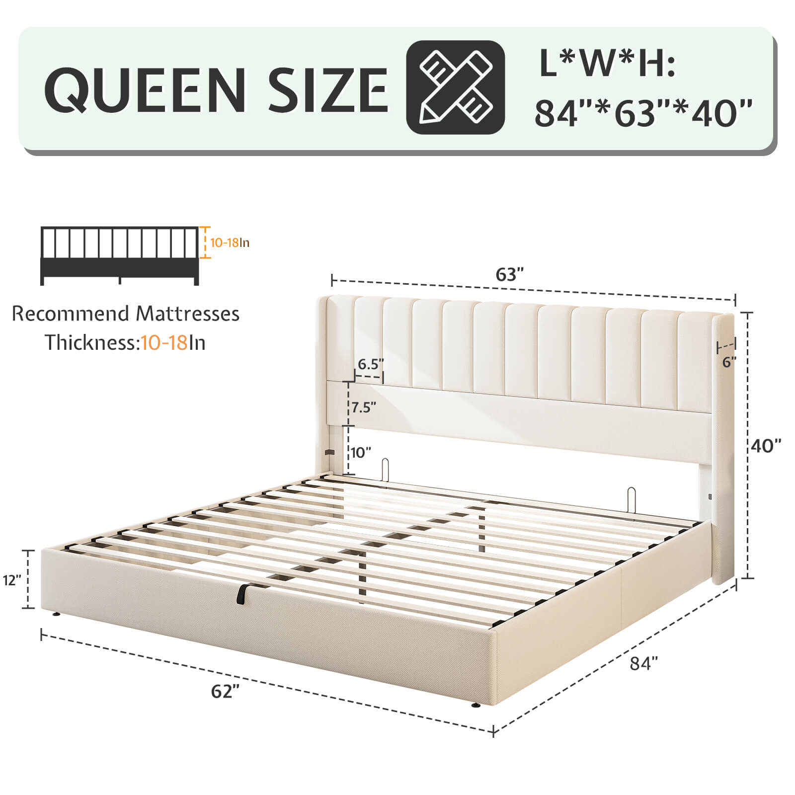 Brinley Lift Up Storage Bed Frame-Queen(White)