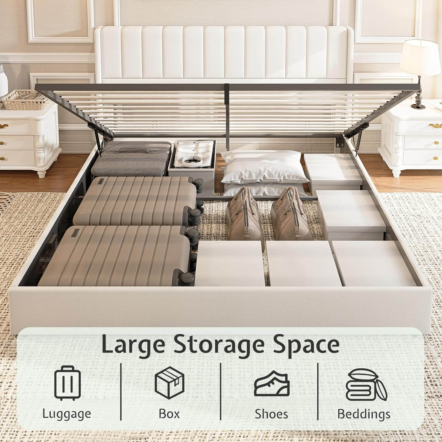 Brinley Lift Up Storage Bed Frame-Queen(White)