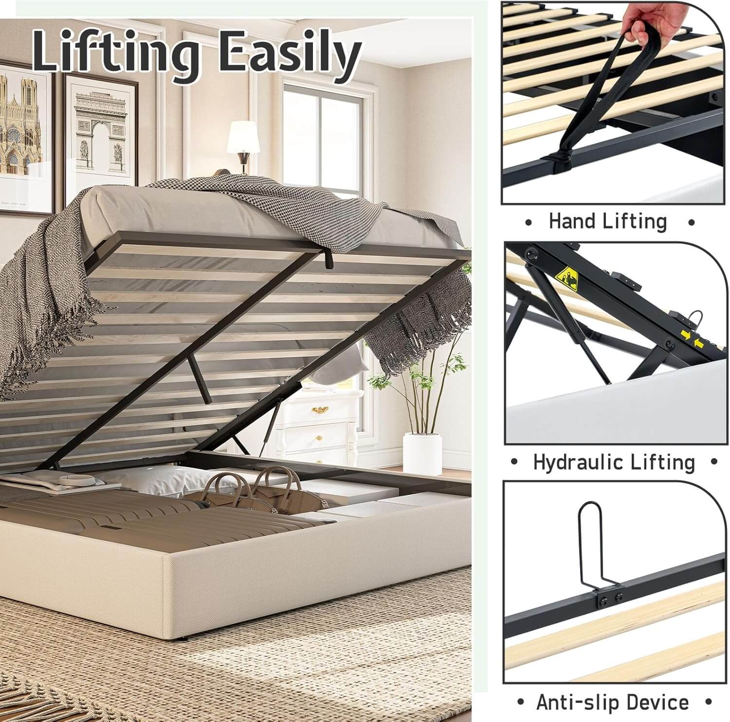 Brinley Lift Up Storage Bed Frame-Queen(White)