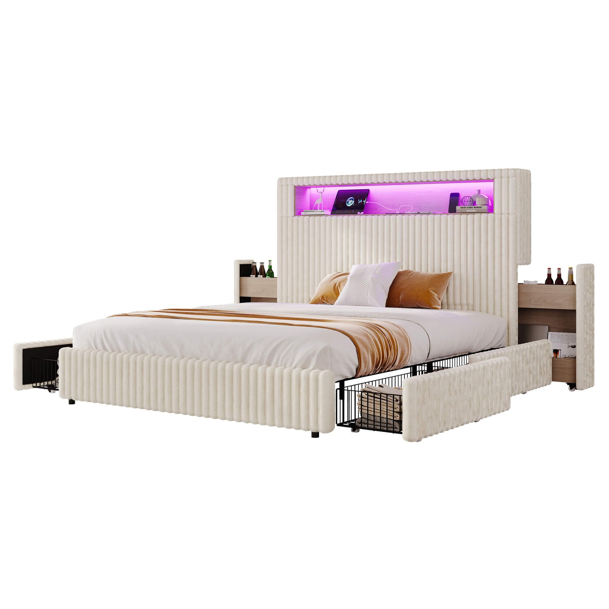 Chic Faux-Fur Storage Bed Frame -Full/White