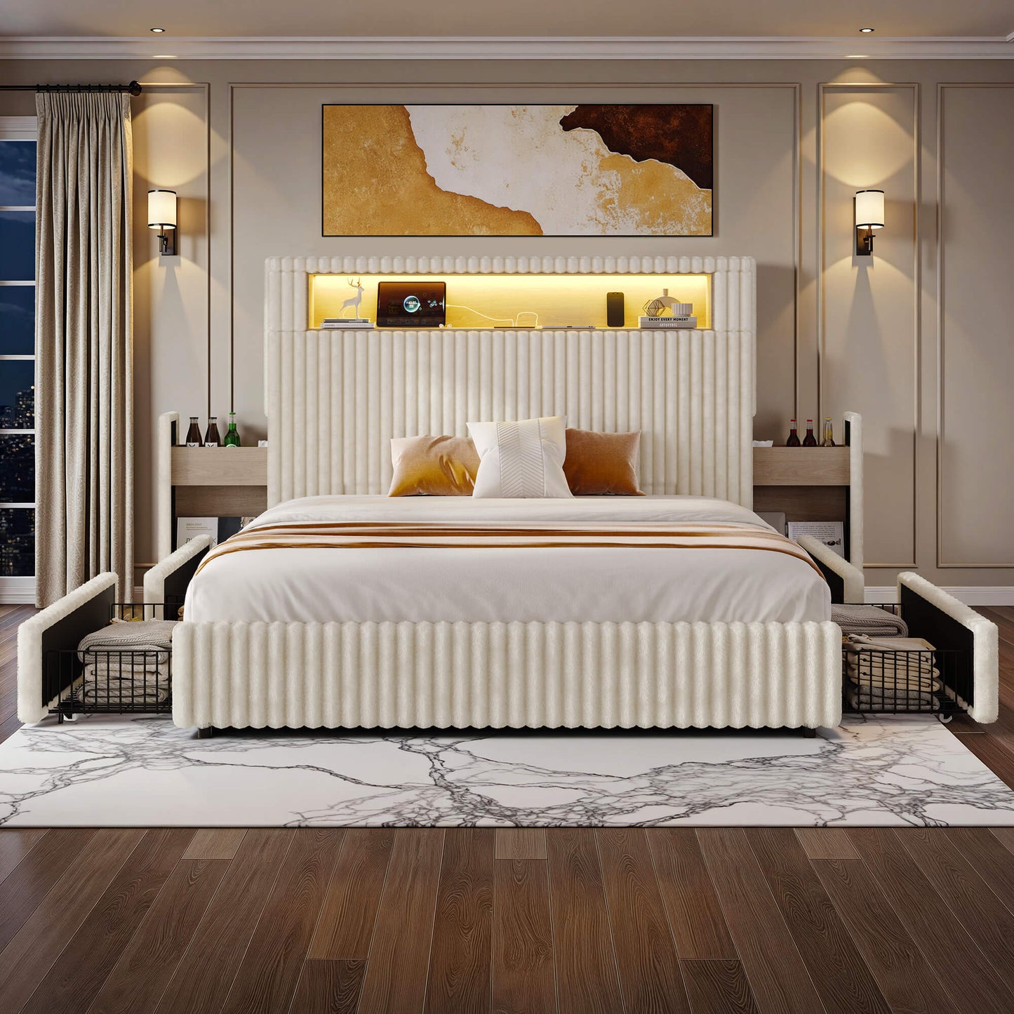 Chic Faux-Fur Storage Bed Frame -Full/White