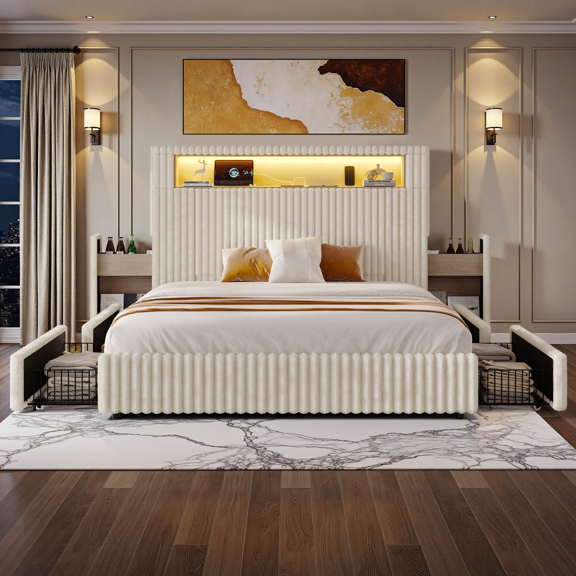 Chic Faux-Fur Storage Bed Frame -Full/White