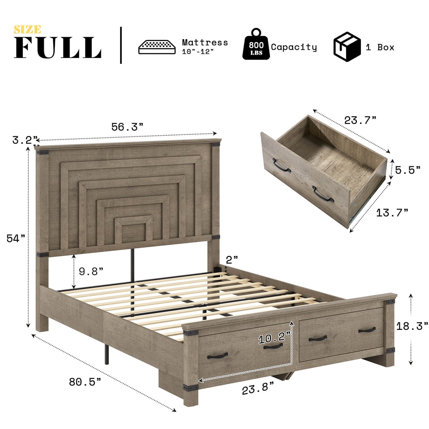 Quin Bed Frame Farmhouse Storage Bed - FullRusticGrey