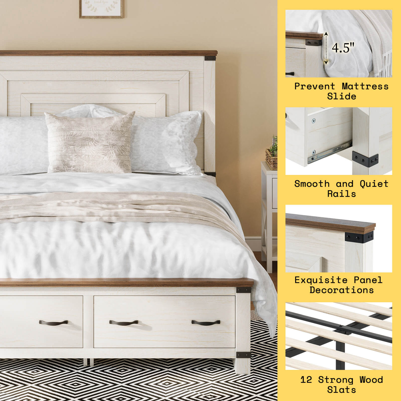 Quin Bed Frame Farmhouse Storage Bed - FullRusticWhite
