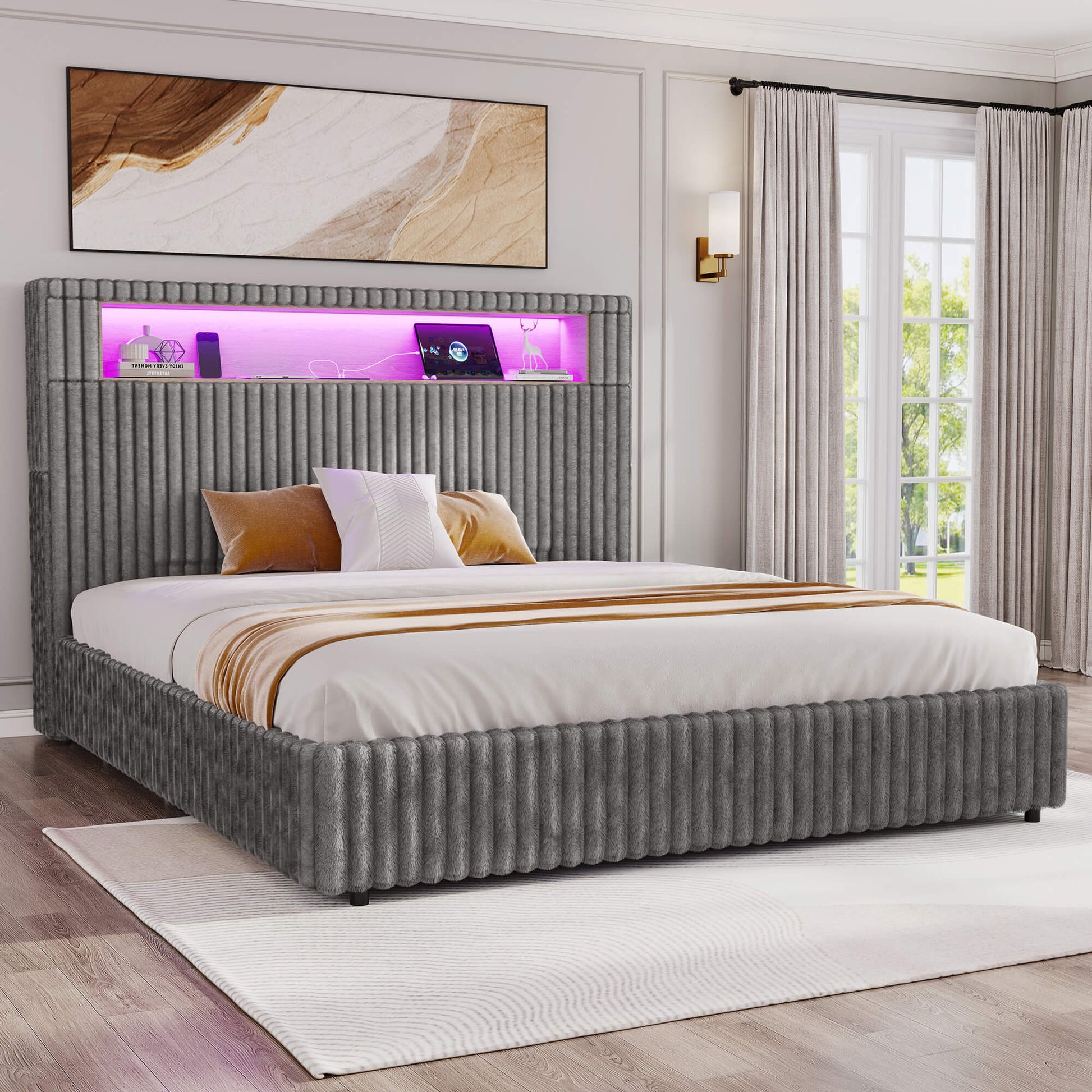 Chic Faux-Fur Storage Bed Frame -King/Grey