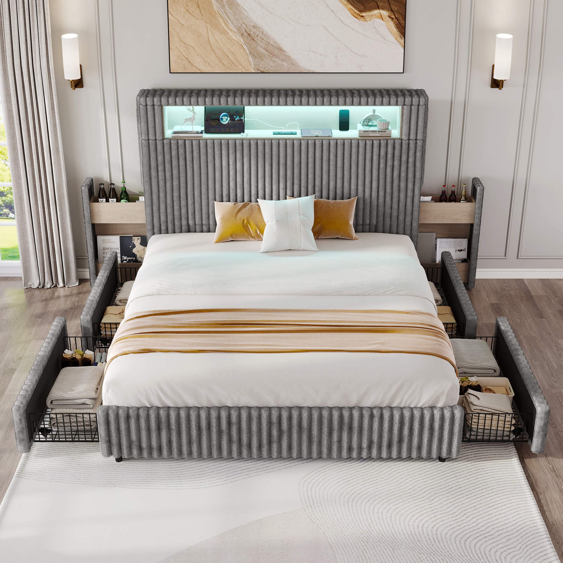 Chic Faux-Fur Storage Bed Frame -King/Grey