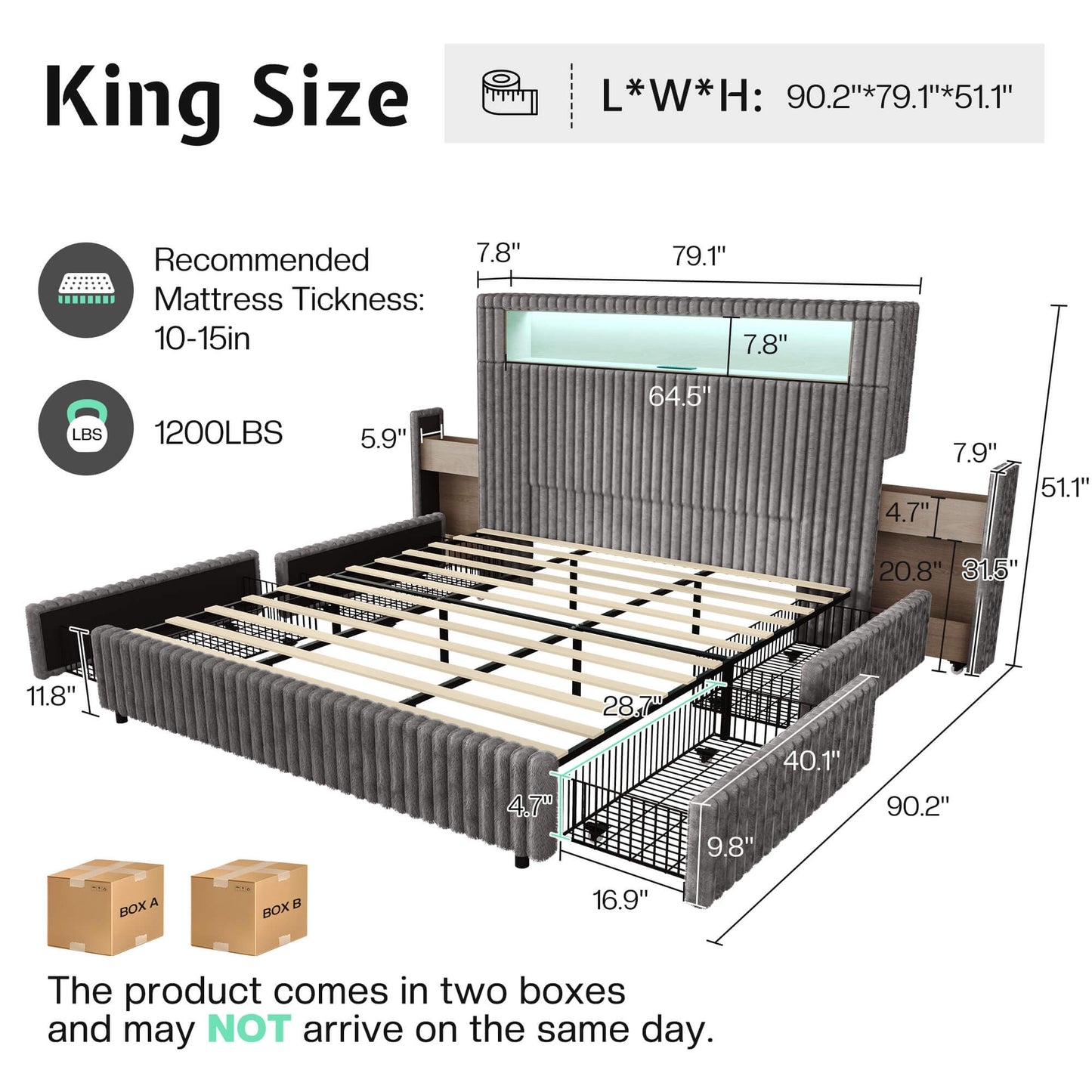 Chic Faux-Fur Storage Bed Frame -King/Grey