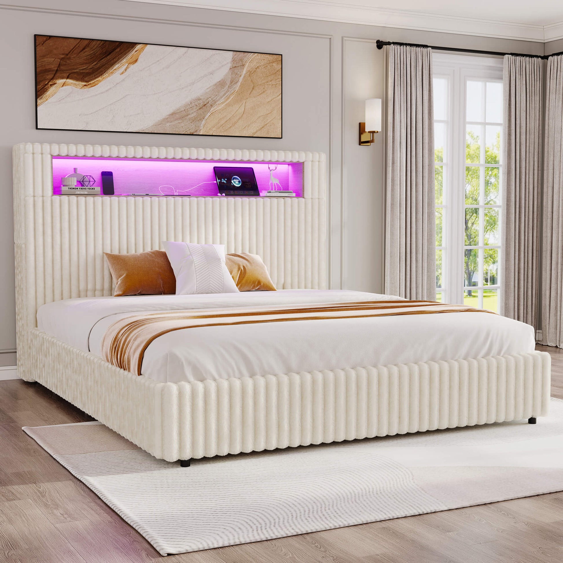 Chic Faux-Fur Storage Bed Frame -King/White