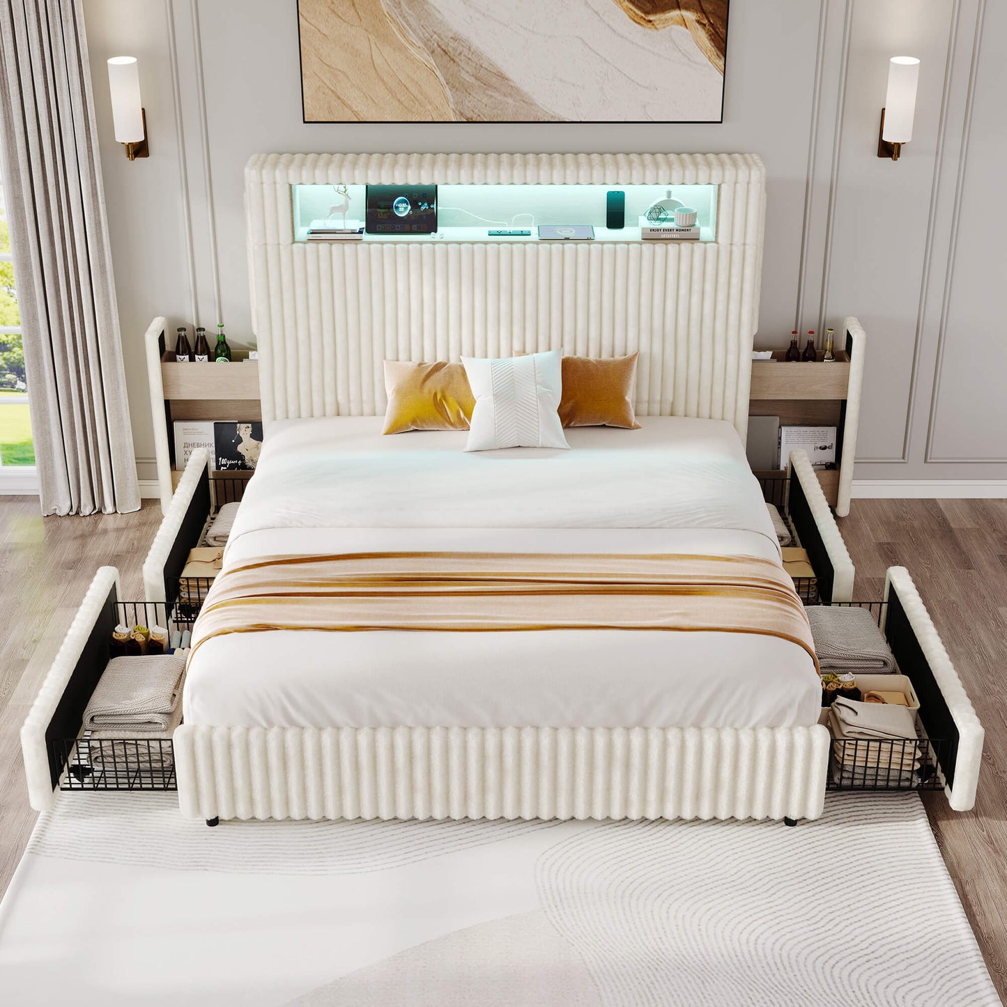Chic Faux-Fur Storage Bed Frame -Full/White