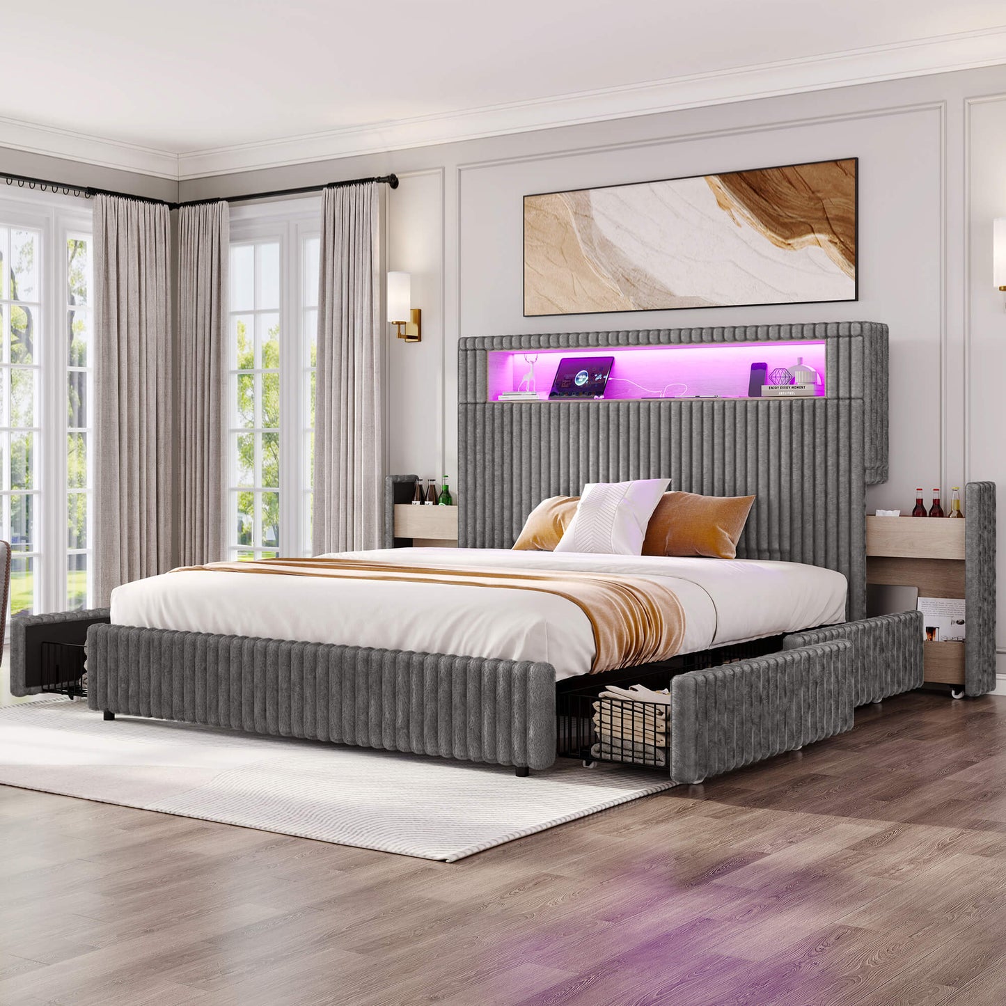 Chic Faux-Fur Storage Bed Frame -Queen/Grey