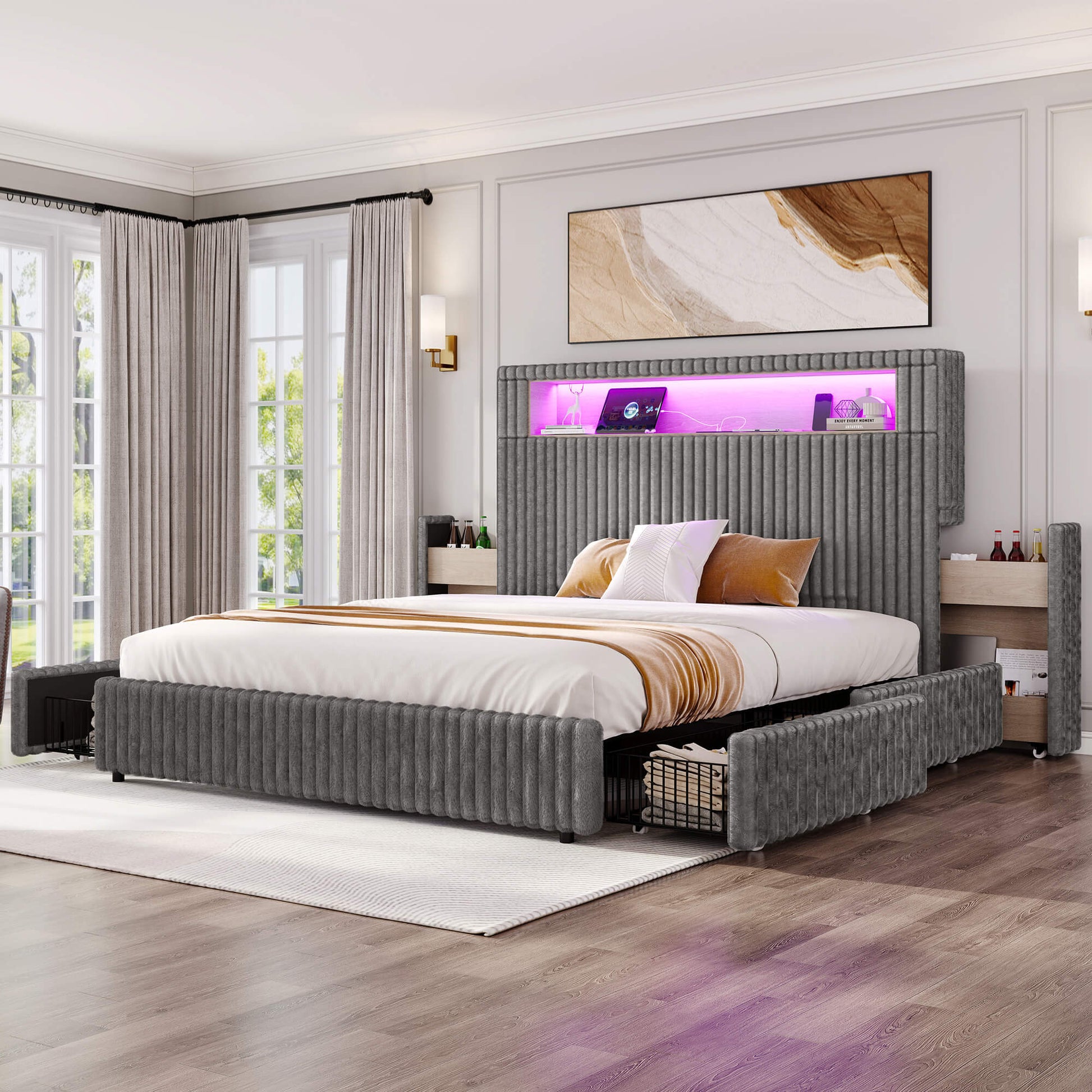 Chic Faux-Fur Storage Bed Frame -Queen/Grey