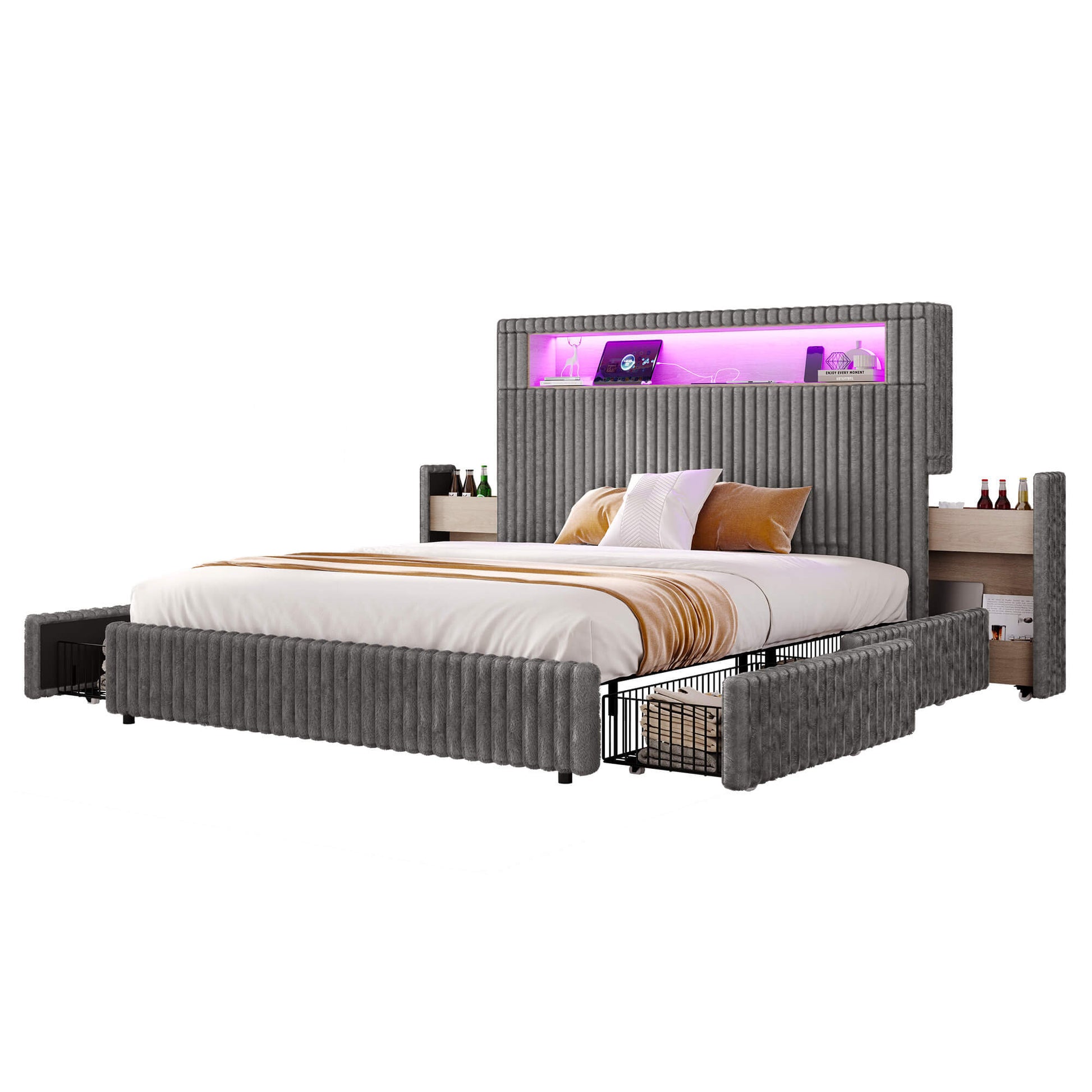 Chic Faux-Fur Storage Bed Frame -Queen/Grey