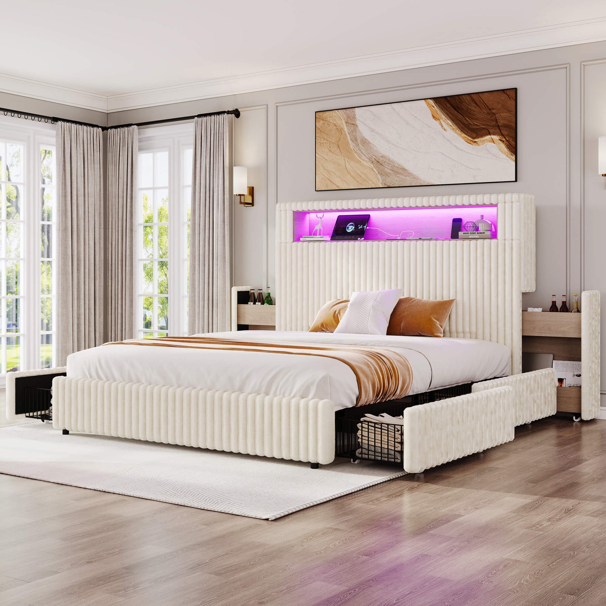 Chic Faux-Fur Storage Bed Frame -Queen/White