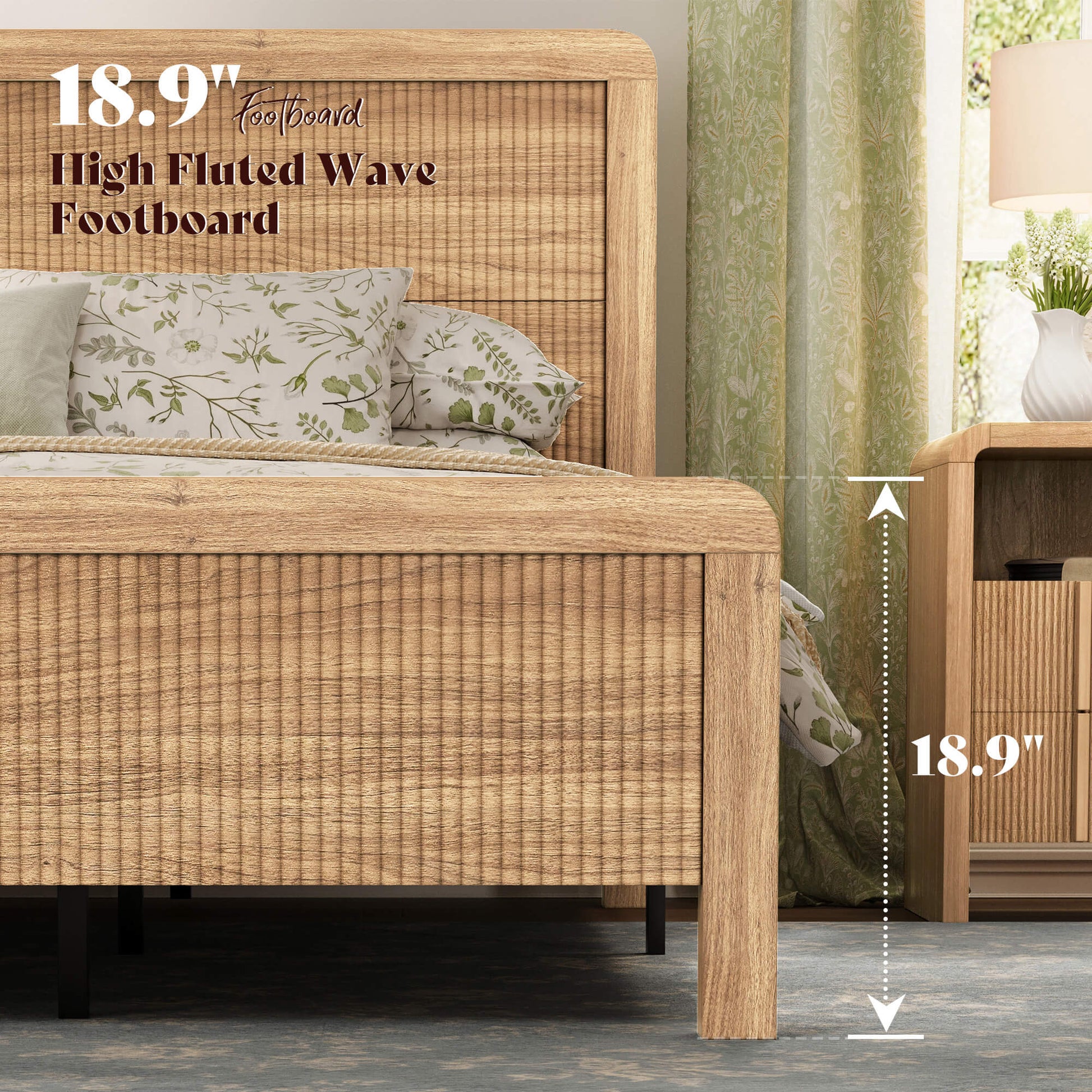 Fluvia Modern Fluted Wood Bed Frame-Natural Oak