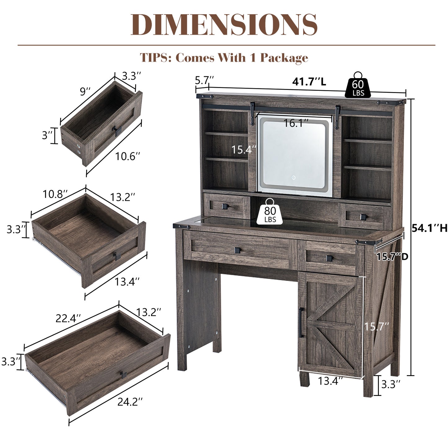 Bourton 42 Makeup Vanity - Gray